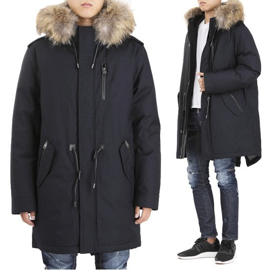 Mackage Moritz DFR Men's Fur Lined Down Parka, Size 44, Navy Brand New