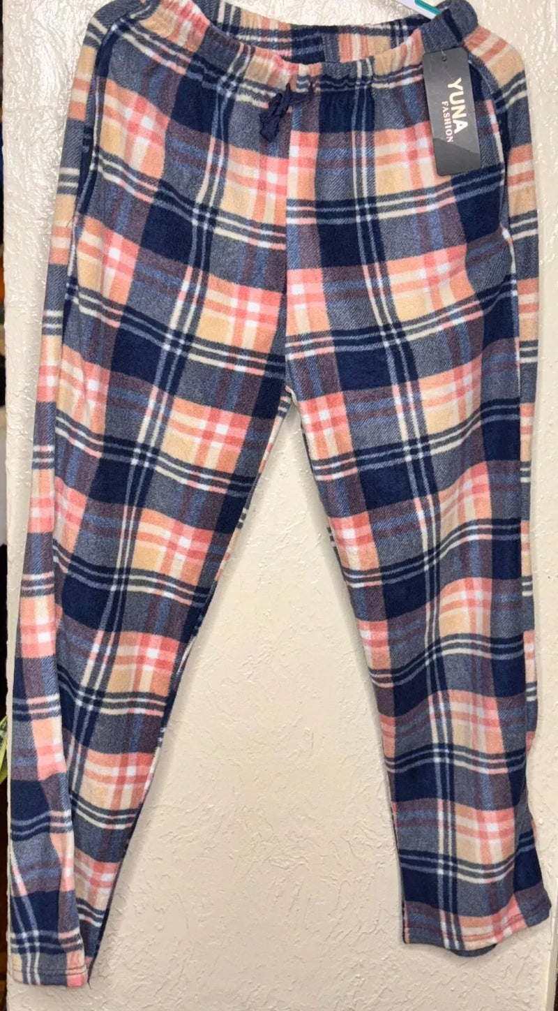 YUNA PAJAMA PANTS WOMENS MULTI PLAID SUPER SOFT ELASTIC WAIST L/XL - BLUE/BROWN - Brand New