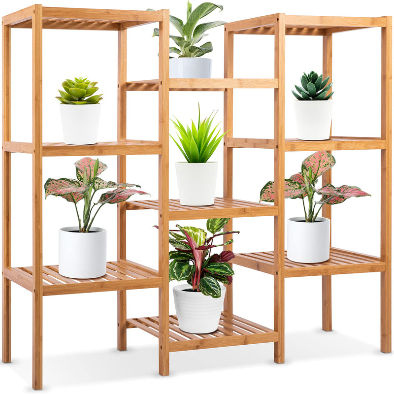 SereneLife 9-Shelf Bamboo Plant Stand - 13'' x 38'' x 35.5'' 9 Tier Adjustable - Like New