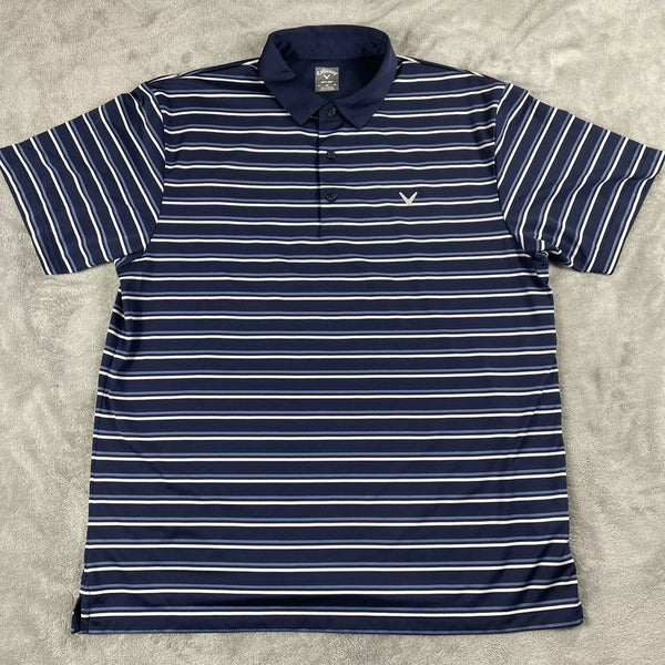 CALLAWAY SHIRT MEN'S NAVY BLUE WHITE STRIPED SHORT SLEEVE GOLF POLO - L - NAVY - Brand New