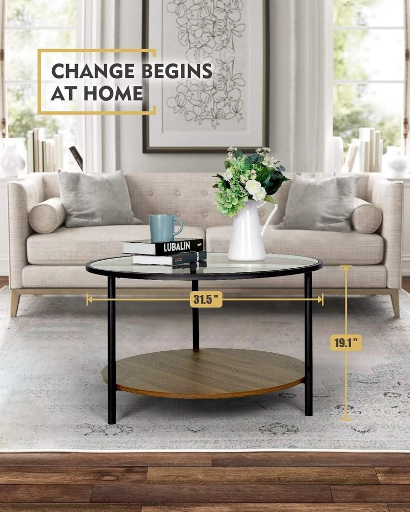 MONCOT ROUND 2-TIER COCKTAIL TABLE, WALNUT WOODEN BASE AND GOLD METAL FRAME - Like New