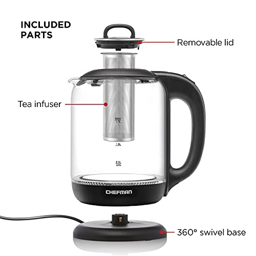 CHEFMAN 1.7 LITER ELECTRIC KETTLE WITH TEA INFUSER CORDLESS REMOVABLE- BLACK - Like New