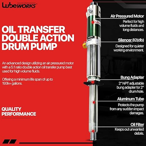 Lubeworks‎ Oil Transfer Drum Pump Double Action 5:1 Fast Rate GUL003 - Silver Like New