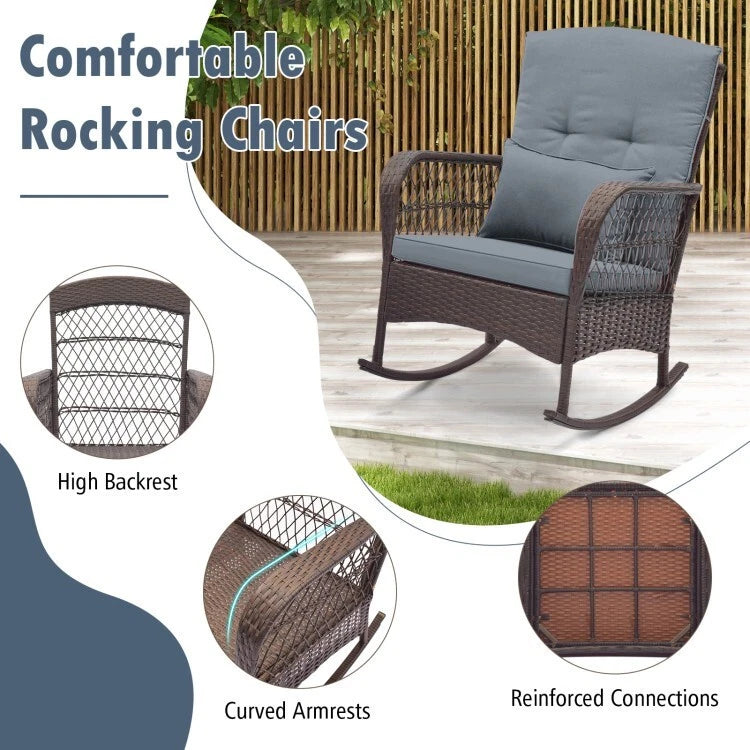 COSTWAY - 3 PCS PATIO ROCKING CHAIRS WITH DOUBLE-LAYER COFFEE TABLE - GRAY - Brand New