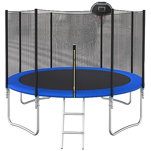 LIVAVEGE TRAMPOLINES 10FT TRAMPOLINE WITH SAFETY ENCLOSURE NET, LADDER - BLUE - Like New