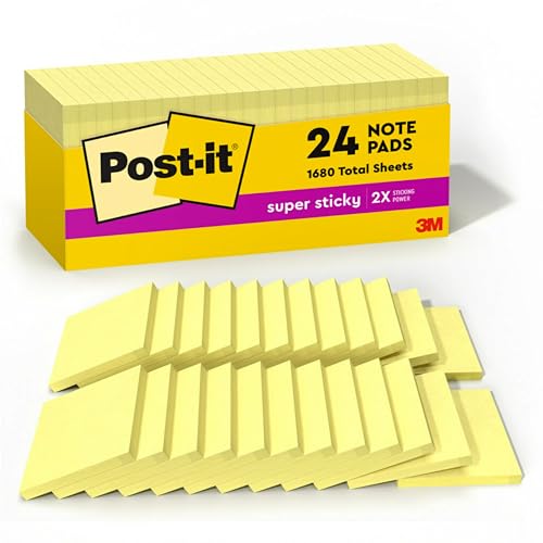 POST-IT SUPER STICKY NOTES, 24 STICKY NOTE PADS, 3 X 3 IN, CANARY YELLOW - Brand New