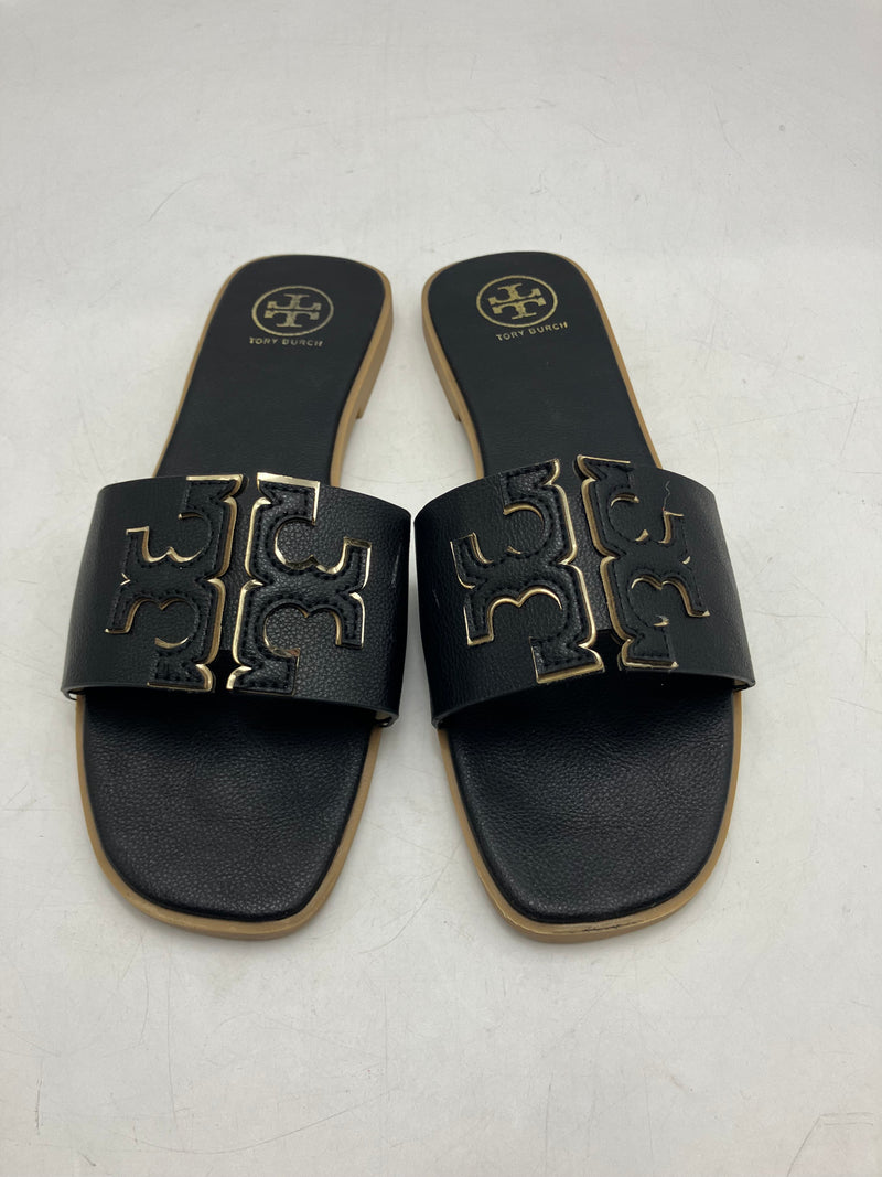 TORY BURCH WOMEN'S INES SLIDE LEATHER CUSHIONED SANDALS SIZE 9.5 BLACK/GOLD - Like New