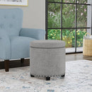 HOMEPOP HOME DECOR UPHOLSTERED ROUND STORAGE OTTOMAN NAILHEADS GRAY WOVEN - Like New