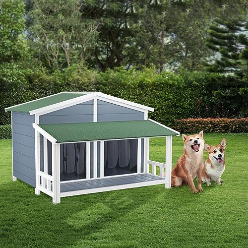 GLANZEND WOODEN DOG HOUSE OUTDOOR & INDOOR CABIN with porch weatherproof roof - Like New