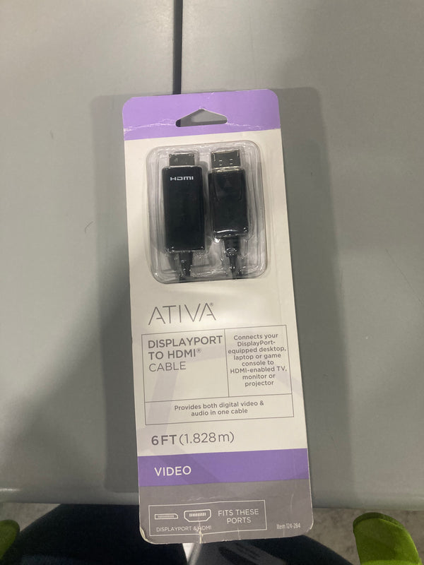 ATIVA 6 FT MALE DISPLAYPORT TO MALE HDMI CABLE PLUGS - BLACK - Brand New