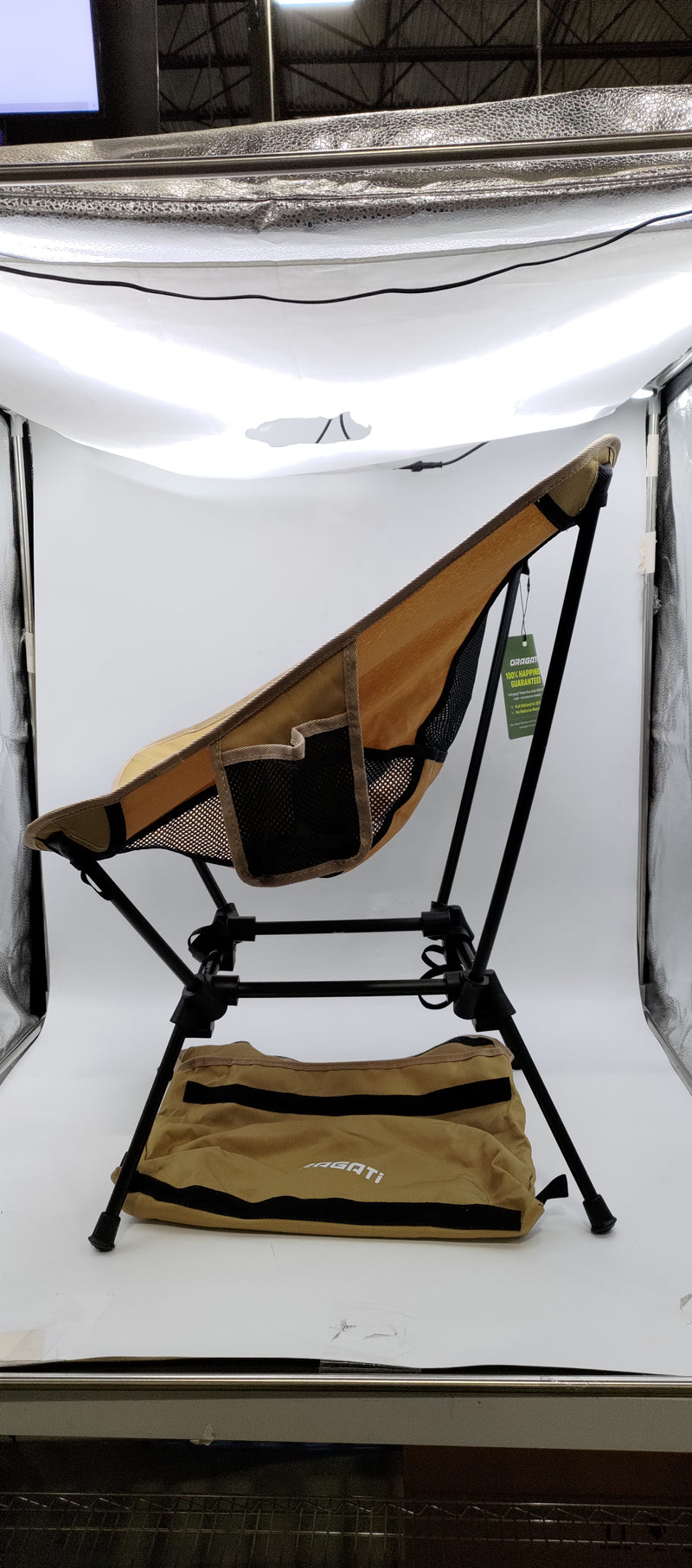 ORAGATI ERGONOMIC FOLD-OUT CAMPING CHAIR WITH ADJUSTABLE HEIGHT - KHAKI - Like New