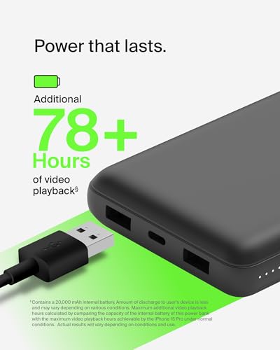 BELKIN BPB012 PORTABLE CHARGER USB-C POWER BANK 20,000MAH 2 USB-A PORTS - BLACK - Like New