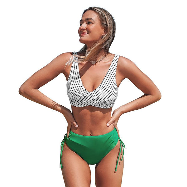 CUPSHE WOMEN'S STRIPED TOP, RUCHED LACE UP HIGH WAISTED BOTTOM - L - GREEN/WHITE - Like New