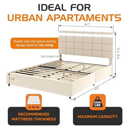 LIFE SKY LIFESKY QUEEN BED FRAME WITH STORAGE, UPHOLSTERED PLATFORM - WHITE - Like New