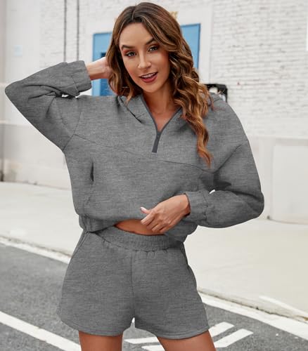 FKEEP WOMENS HALF ZIP HOODIE SWEAT WITH SHORTS POCKETS OUTFIT DARK GRAY XL - Brand New