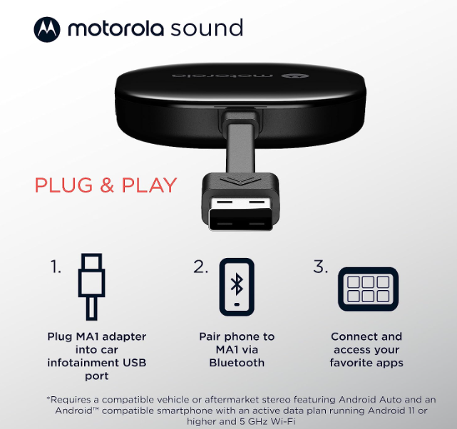 Motorola MA1 Wireless Android Auto Car Direct Plug-in USB Adapter Like New