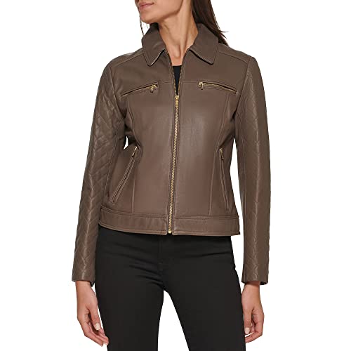 COLE HAAN WOMEN DIAMOND QUILTED SLEEVE SHIRT COLLAR LEATHER COAT XL - STONE - Brand New