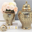 ECOLFE CERAMIC FLOWER VASE, HOLLOW CERAMIC JAR CARVED LATTICE, COLOR GOLD - GOLD - Like New