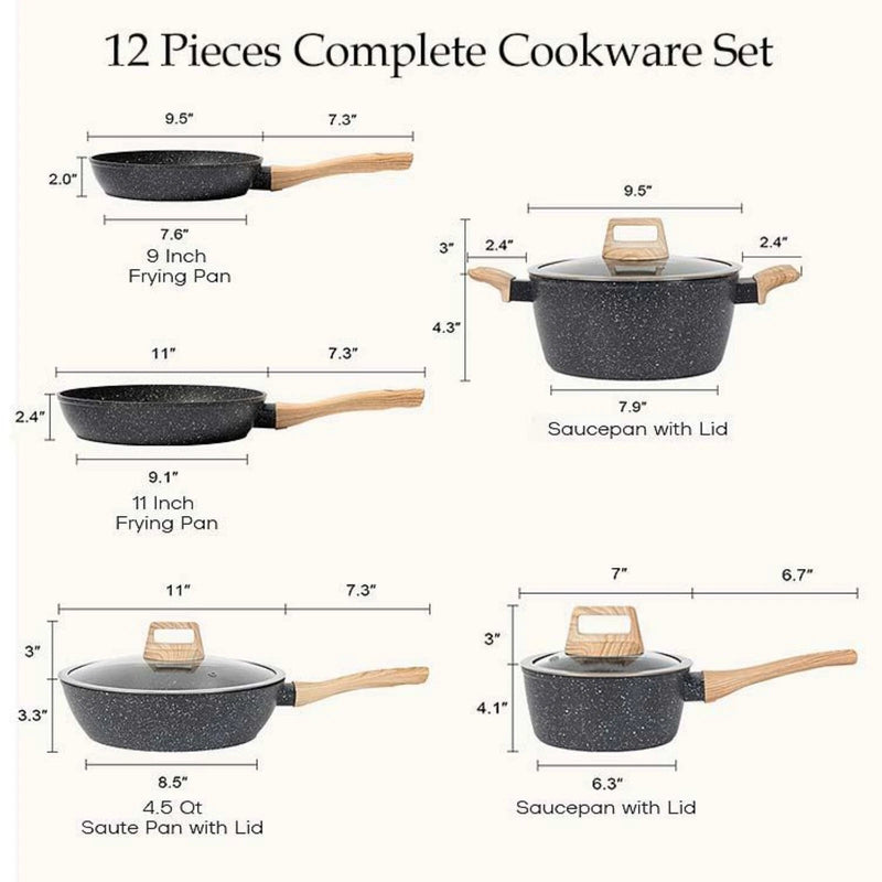 SODAY 12-PIECE NON-STICK COOKWARE SET INDUCTION GRANITE COATING - BLACK - Like New