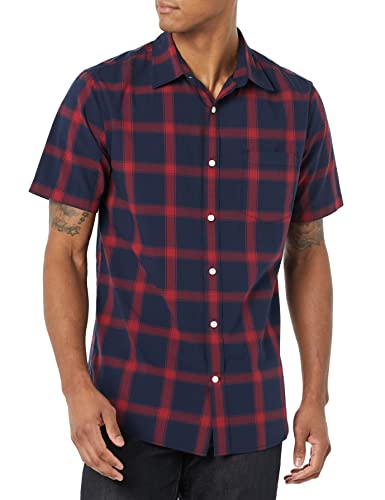 AMAZON ESSENTIALS MEN'S SHORT-SLEEVE POPLIN NAVY RED BUFFALO PLAID SIZE M - Brand New