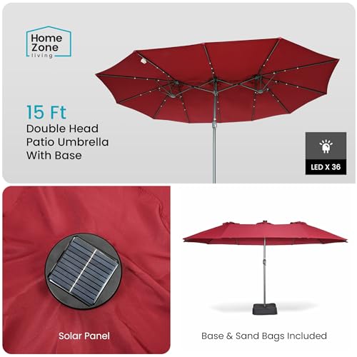 HOME ZONE LIVING 15X9FT DOUBLE HEAD PATIO UMBRELLA WITH BASE - BURGUNDY RED - Like New