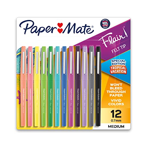 PAPER MATE FLAIR FELT TIP PENS, POINT (0.7MM), TROPICAL, CLASSIC 12 COUNT, CHYK - Brand New