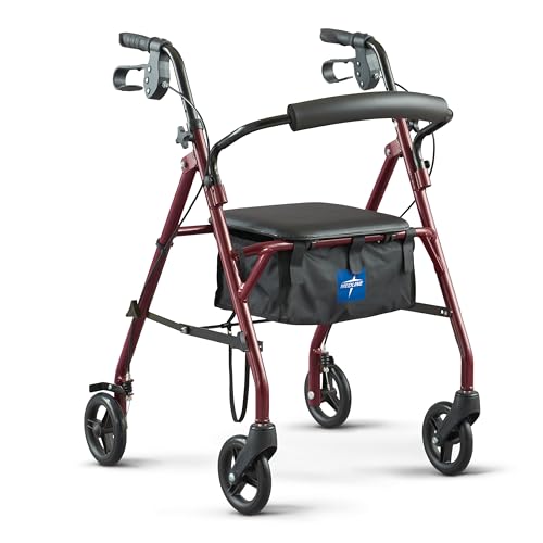 Medline Steel Rollator Walker with Seat, Burgundy, 350 lb. Weight Capacity - Like New