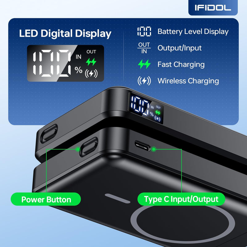 IFIDOL WI2 22W Magsafe Battery Pack, Wireless Portable Charger, 16000mAh - Black - Like New