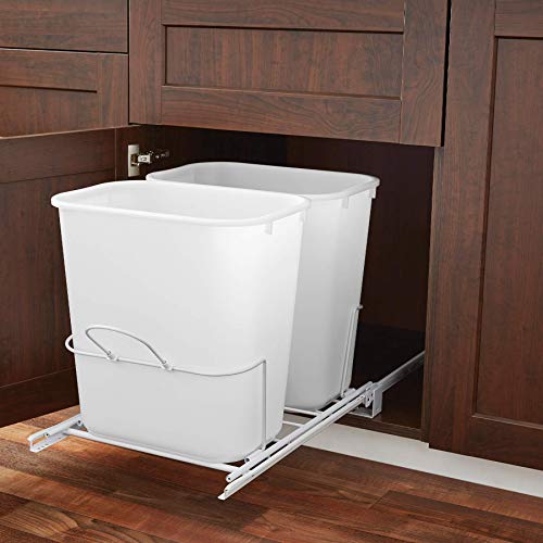 SMART DESIGN PULL OUT DUAL GARBAGE CAN SET OF 2, 6 GALLON WASTE BASKET - WHITE Like New