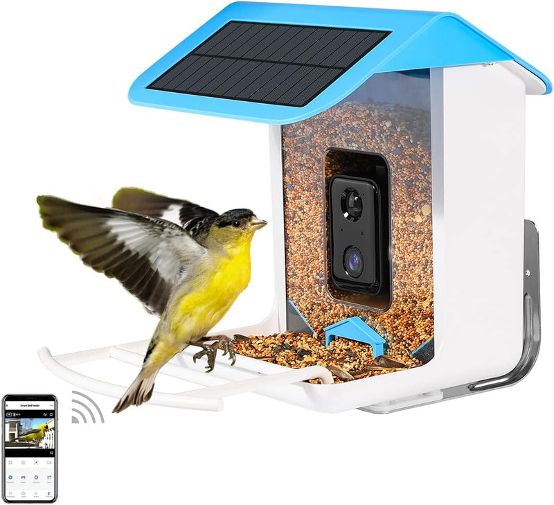 SMART AI RECOGNITION Smart Bird Feeder with Camera, 1080P HD - White/Blue Like New