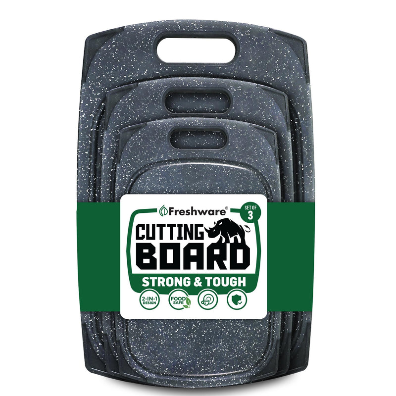 FRESHWARE PLASTIC CUTTING BOARD SET OF 3 JUICE GROOVES BC-330BK - BLACK MARBLE - Brand New