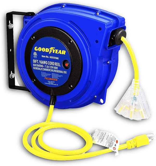 Goodyear Extension Cord Reel Retractable 16AWG x 50' Foot 3C/SJTOW - BLUE Like New