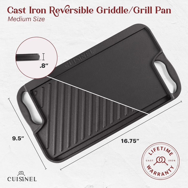 Cuisinel Cast Iron Dual Handle Flat Skillet and Griller Pan - Scratch & Dent