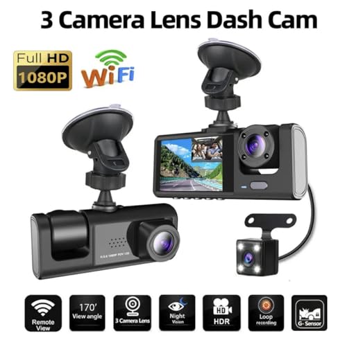3 WAY DASH CAMERA SUPER HD 1296P WITH MOBILE APP, WIFI BLACK BOX - BLACK - Like New