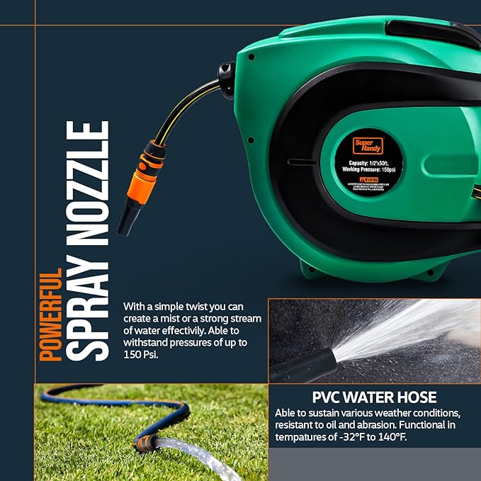 SuperHandy Water Hose Reel Retractable 1/2"x50' Feet PRO Flex - Green/Black - Like New