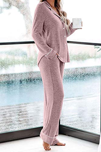 AAMIKAST WOMEN PAJAMA SETS LONG SLEEVE BUTTON DOWN SLEEPWEAR SOFT PJS PINK M - Brand New