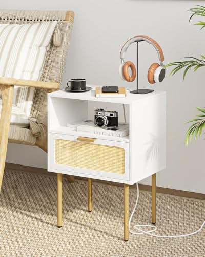 AOBAFUIR HZ1215 RATTAN NIGHTSTAND CHARGING STATION NIGHT STAND - WHITE - Like New