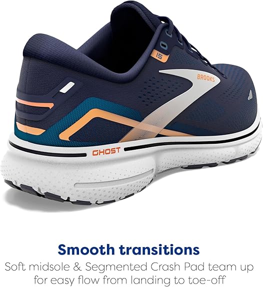 BROOKS MEN'S GHOST 15 RUNNING SHOE - PEACOAT/BLUE/ORANGE POP - SIZE 9 - Like New