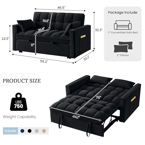 SLEERWAY BLACK VELVET SLEEPER SOFA COUCH, 4 IN 1 MODERN CONVERTIBLE - BLACK - Like New