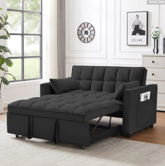 ZNTS MODERN VELVET LOVESEAT FUTON SOFA COUCH W/PULLOUT BED - BLACK - Like New