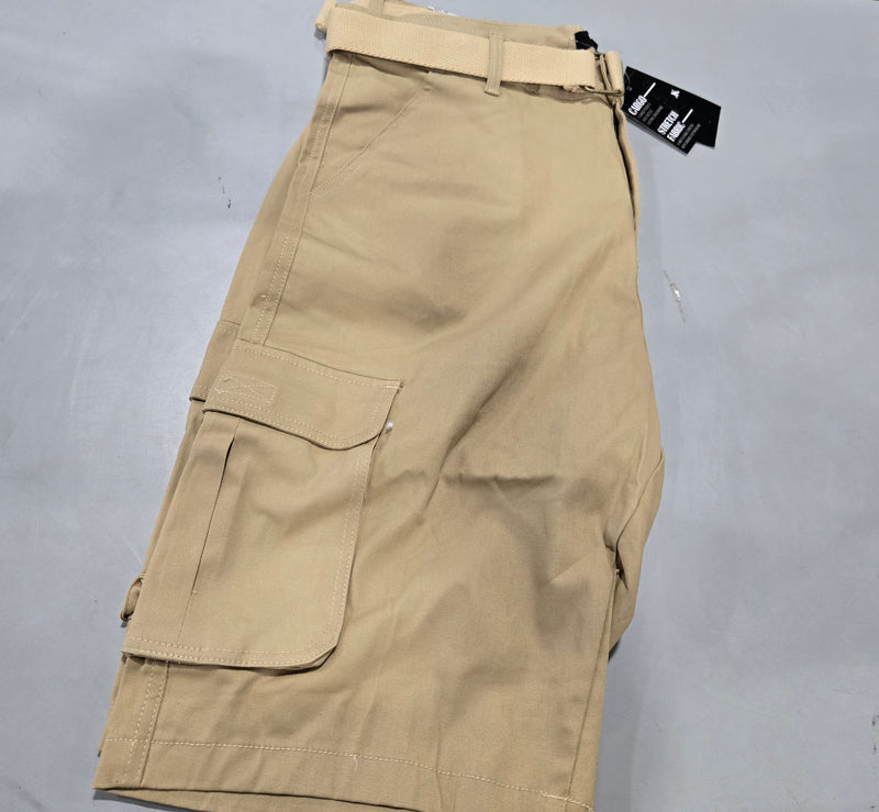 BLU ROCK NEW YORK MEN SLIM FIT STRETCH BELTED CARGO SHORTS - SIZE: 38 - KHAKI - Brand New