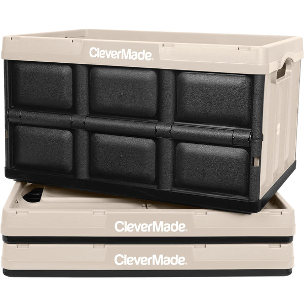 CLEVERMADE COLLAPSIBLE STORAGE BINS - TAN 3 PACK 46L - STACKABLE CONTAINERS - Like New
