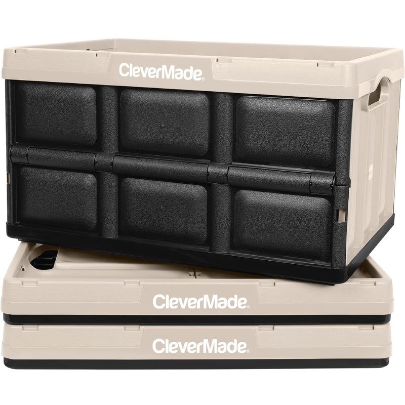 CLEVERMADE COLLAPSIBLE STORAGE BINS - TAN 3 PACK 46L - STACKABLE CONTAINERS - Like New