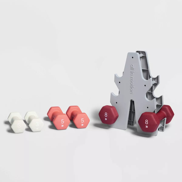 ALL IN MOTION BASIC WEIGHT SET IRON DUMBBELLS RACK 3 5 8 LB - PINK/WHITE/MAGENTA - Like New