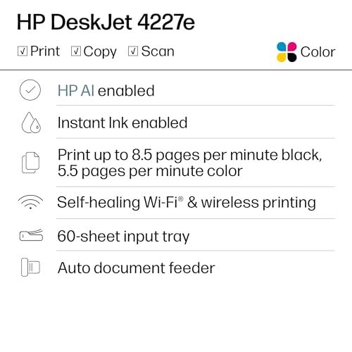 HP DESKJET 4227E WIRELESS ALL-IN-ONE COLOR INKJET PRINTER 6W7F0A - WHITE - Like New