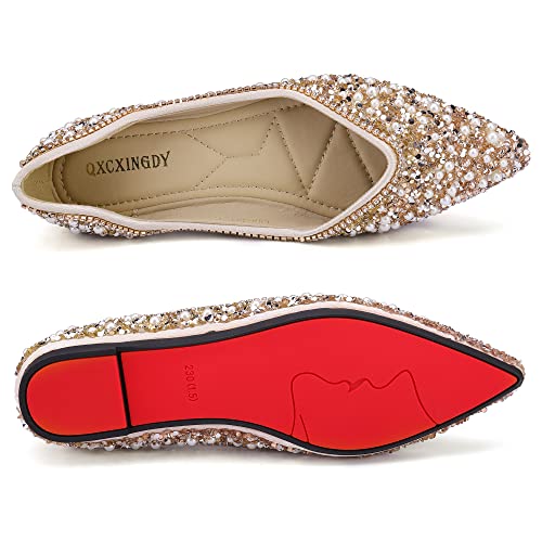 QXCXINGDY RHINESTONE FLATS FASHION POINTED TOE PEARL DIAMOND LOW HEEL - SIZE 9.5 - Like New
