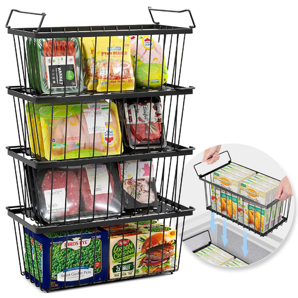 TAFURA FREEZER ORGANIZER BINS 14" Lx 7" W x 6.1 H 4PK STACKABLE BASKETS - BLACK - Like New