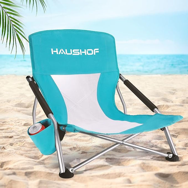 HAUSHOF Low Beach Chair Mesh Back Folding Chair Lightweight Low Seat BLUE/WHITE - Like New