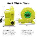 SAYOK ELECTRIC AIR BLOWER FAN 750 WATT 1HP COMMERCIAL BOUNCER - YELLOW/GREEN - Like New