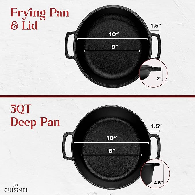 Cuisinel Cast Iron Double Dutch Oven 5-Quart 2-in-1 10" Skillet - Black - Like New